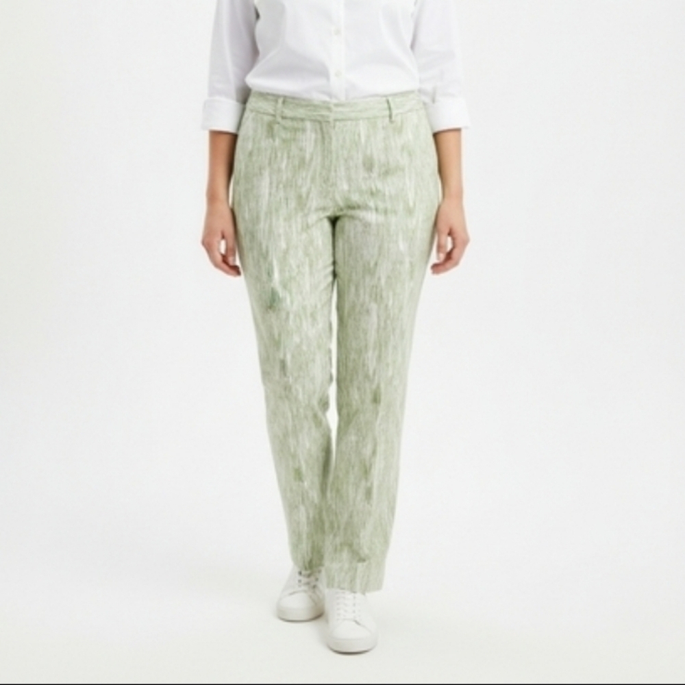 MetroStyle Stretch Green White Shimmer Ikat Stripe Straight Leg Pants Size 18